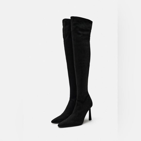 NWT. Zara Black Fabric Over the Knee Heeled Boots. Size 6,5. - Picture 2 of 11